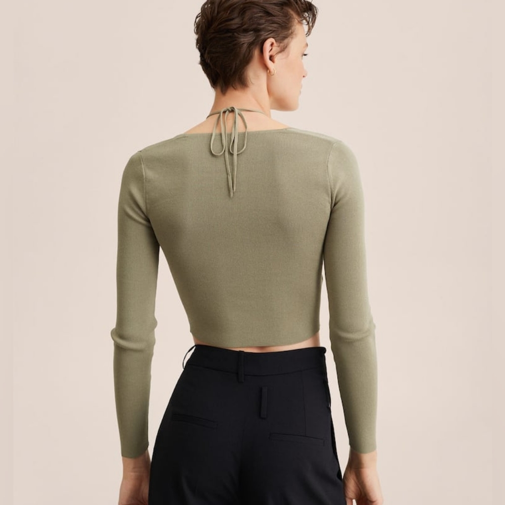 NewMango Olive Green Tie-Front Long Sleeve Crop Top - Picture 3 of 6